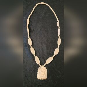 Vintage Bone Carved Rose Pendant Necklace